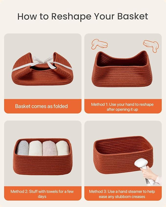 KALLAX Small Woven Basket, 12 x 8 x 4.5 Inches, Storage Basket for Organizing, Cute Small Rope Shelf Closet Cube Storage Bins Baskets for Shelves, Dog Toy Gift Baskets Empty, 3 Pack Rust Red