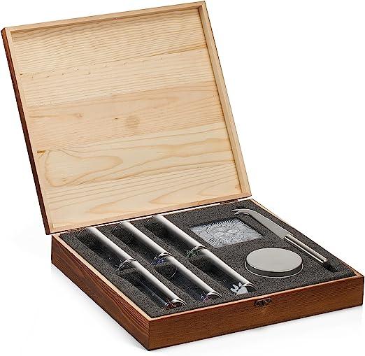 Tequila Shot Glass & Salt Gift Set for Men & Women | Six Agave Shot Glasses, Knife For Limes, One Skull Coaster, One Salt Tin | Skeleton Mahogany Wood Box Package For Tequila, Liquor Lovers