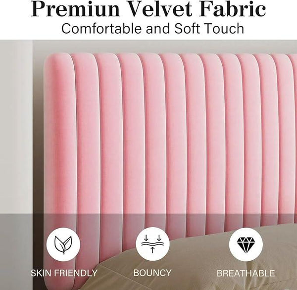 King Size Bed Frame with Headboard, Velvet Upholstered Platform Bed with Vertical Channel Tufted Design, No Box Spring Required, Easy Assembly, Pink