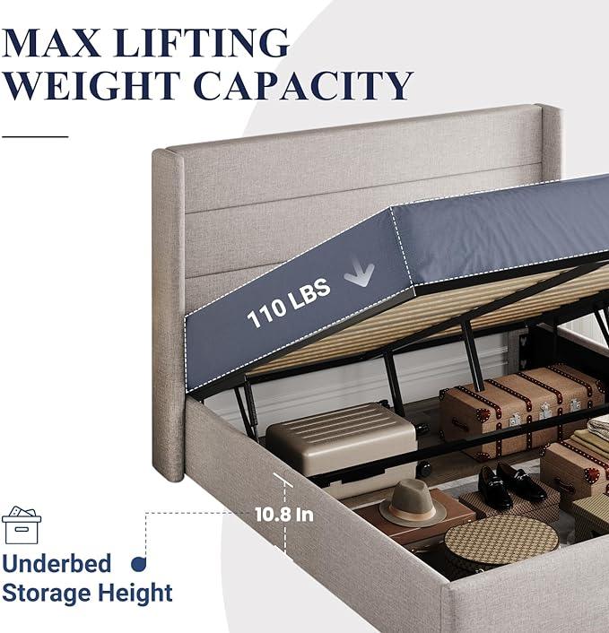 Allewie Full Size Lift Up Storage Bed, Modern Wingback Headboard, Hydraulic Support, No Box Spring Needed, Light Beige