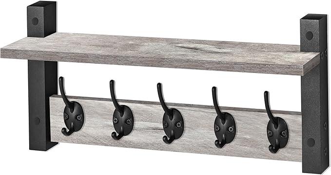 Sorbus Coat Hooks Wall Mount with Shelf – 16 Inch Coat Rack Wall Mount with 5 Heavy Duty Hooks – Floating Wall Shelf with Hooks for Entryway, Bathroom, Bedroom, Kitchen, or Mudroom (Gray)