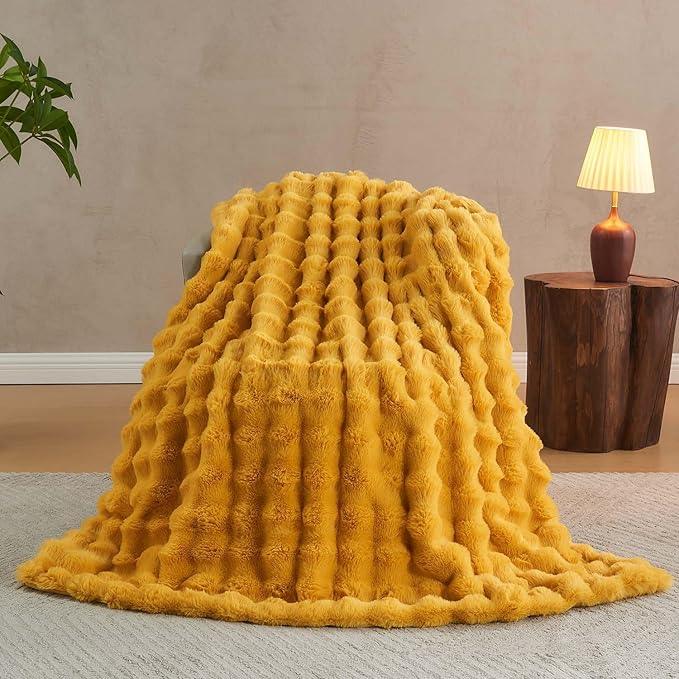 Lotus Karen Faux Fur Throw Blanket Ginger Yellow - Big Bubble Rabbit Fluff Blanket for Couch Bed Sofa,Softest Fluffy Fuzzy Cozy Blanket,Thick Furry Plush Shaggy Warm Blankets for Women,60x80 Inches