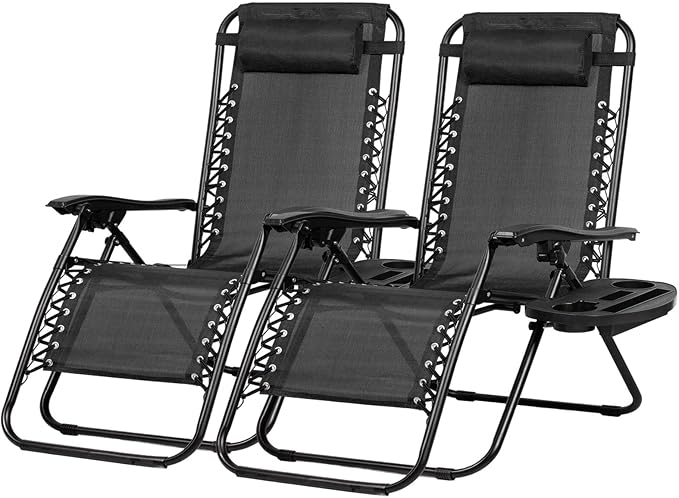 Nazhura Set of 2 Relaxing Recliners Patio Chairs Adjustable Steel Mesh Zero Gravity Lounge Chair Beach Chairs with Pillow and Cup Holder Black