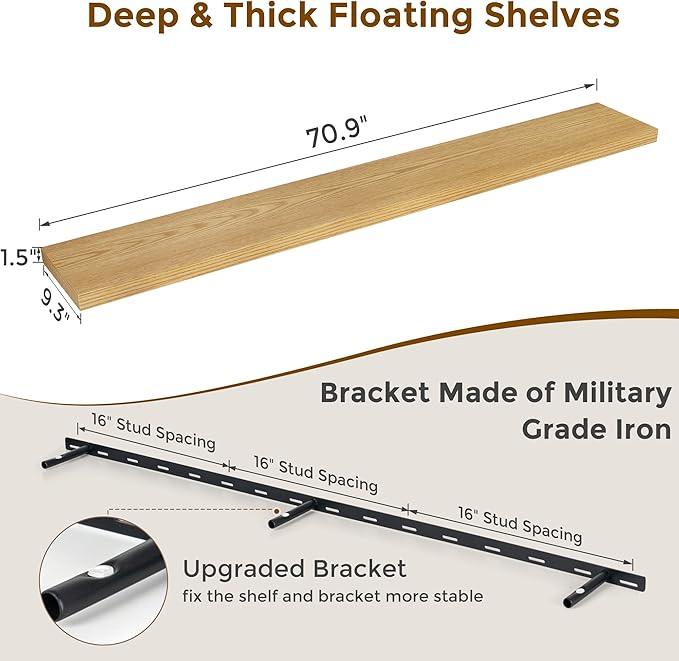 72 Inch Floating Shelves, 72 x 9 Rustic Wooden Fireplace Mantel, 9 Inch Floating Shelf for Wall, Farmhouse Wall Shelves for Home Storage & Display, Oak Color, Set of 1
