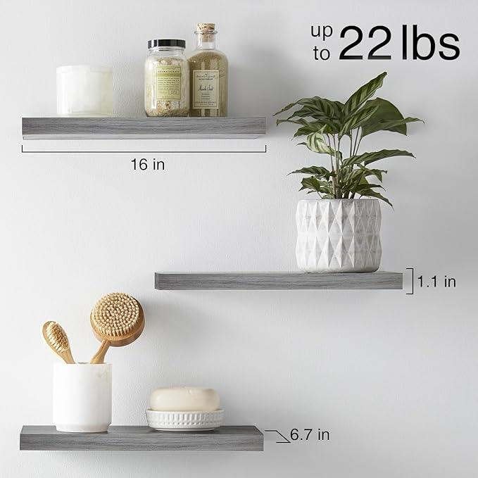 BAYKA Floating Shelves for Wall, Wall Mounted Rustic Wood Shelves for Bathroom, Bedroom, Living Room, Kitchen,Small Hanging Shelf for Books/Storage/Room Decor (Grey, Set of 3, 15.7in)