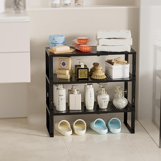 Expandable Spice Rack,Stackable Storage for Cabinet, Multi-Functional Kitchen Shelving,Height-Adjustable,Sustainable Organizer Solution(3Packs/Black/Large)