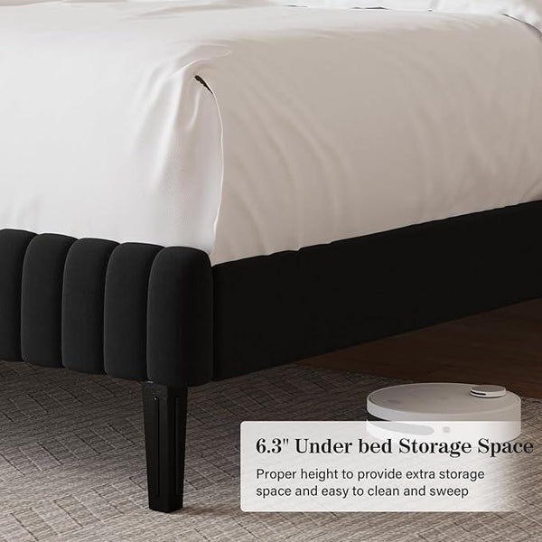 Full Size Bed Frame, Velvet Upholstered Platform Bed with Vertical Channel Tufted Headboard and Footboard, No Box Spring Required, Easy Assembly, Black