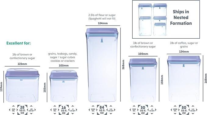 BopTop (5pc Set) Airtight Food Storage Container – Mechanical Silicone Seal Canister - BPA-Free Stackable - 2.5Qt/1.5Qt/.9Qt/.85Qt/.5Qt
