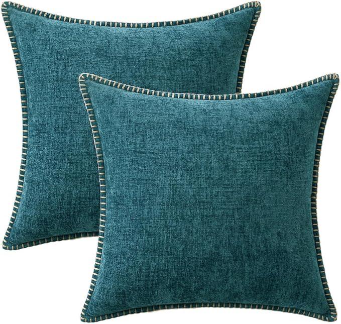 MIULEE Pack of 2 Couch Throw Pillow Covers 20x20 Inch Dark Teal Farmhouse Decorative Pillow Covers with Stitched Edge Soft Chenille Solid Dyed Spring Pillow Covers for Sofa Bed Living Room