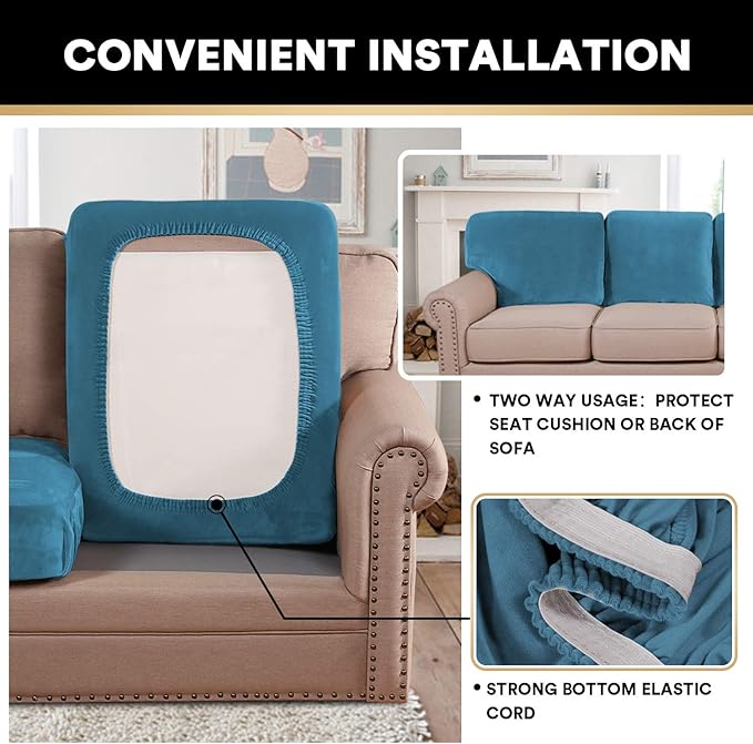 PrinceDeco Couch Cushion Covers, Stretch Washable Sofa Cushion Cover, Fitted Sofa Slipcover Velvet Fabric Non-Slip Furniture Protector for Dog,Pets, Kid (Each Width Up to 29.5