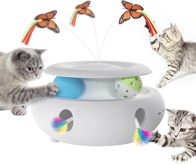 Cat Toys,3-in-1 Interactive Cat Toys for Indoor Cats,Rechargeable Automatic Interactive Cat Toy with Fluttering Butterfly,Smart Sensor 6 Holes Mice Whack-A-Mole and Track Balls, White