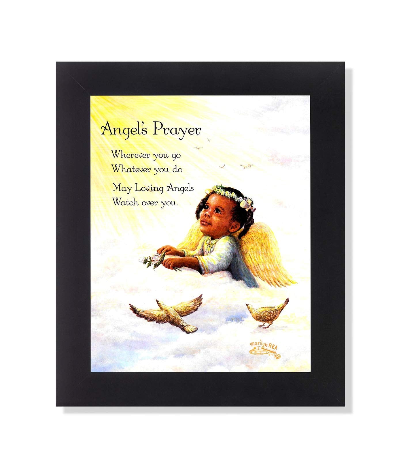 Black Framed Art Print - African American Angel Prayer 8x10 Wall Decor with Glass Protected Frame