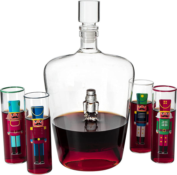 Nutcracker Decanter & Glasses, Set of 5 - Glassware Nutcrackers Theme & Shot Glass, Wine & Spirits - 40oz Bottle & 2oz - Holiday Spirit & Cheer Decor, Festive Themed Winter, Xmas Decorations