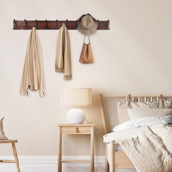 38.6'' Large Coat Rack Wall Mount Coat Hooks Coat Hanger with 10 Metal Black Triple- Hooks Brown Pine Real Wood Plank Hat Rack for Wall Hooks for Hanging Coat Hat Jacket