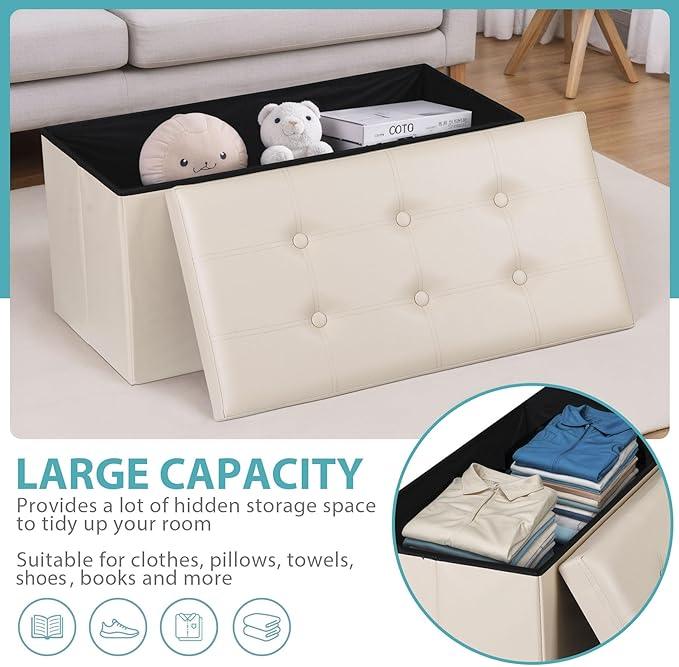SUPER DEAL Folding Storage Ottoman Bench, 30 Inches Footrest Storage Bin with Padded Seat, Entryway Shoe Bench for Living Room Bedroom, 30