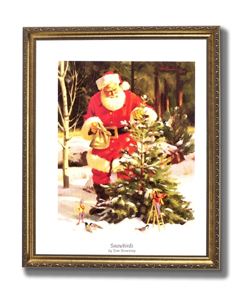 Santa Claus Christmas Print - Framed Holiday Art with Pine Tree, Elves & Gold Frame