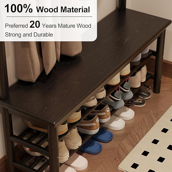 Coat Rack with Shoe Storage, Wooden Hall Tree with Bench, 11 Hooks and 2-Tier Storage Shelves, 3-in-1, Entryway Bench with Coat Rack (39.3