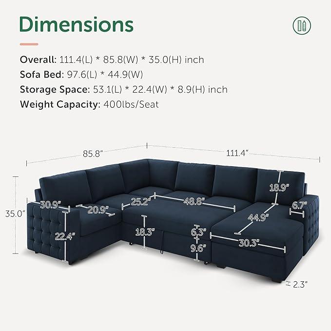 HONBAY Sectional Sleeper Sofa with Pull Out Bed U-Shape Sectional Couch Sleeper Bed with Storage Chaise Lounge Living Room 6 Seater Sectional Sofa Bed,Velvet Dark Blue