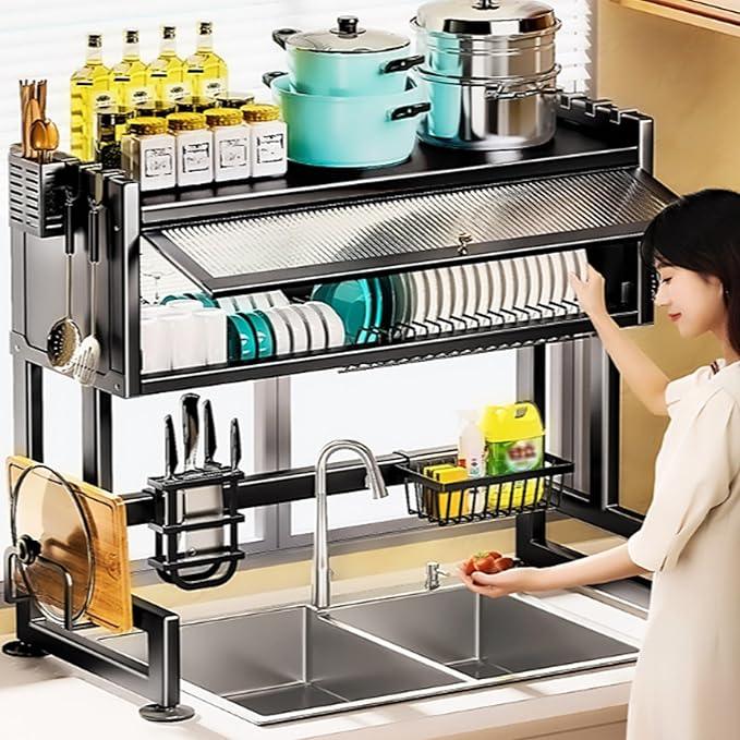 Home Furnishing Over The Sink Dish Drainer Drying Rack 3 Tier Over Sink Dish Rack for,oversink Dish Dry Rack,Space Saving Dish Drying Rack,Kitchen Sink Organizer countertop(Black,55cm/21.7in)