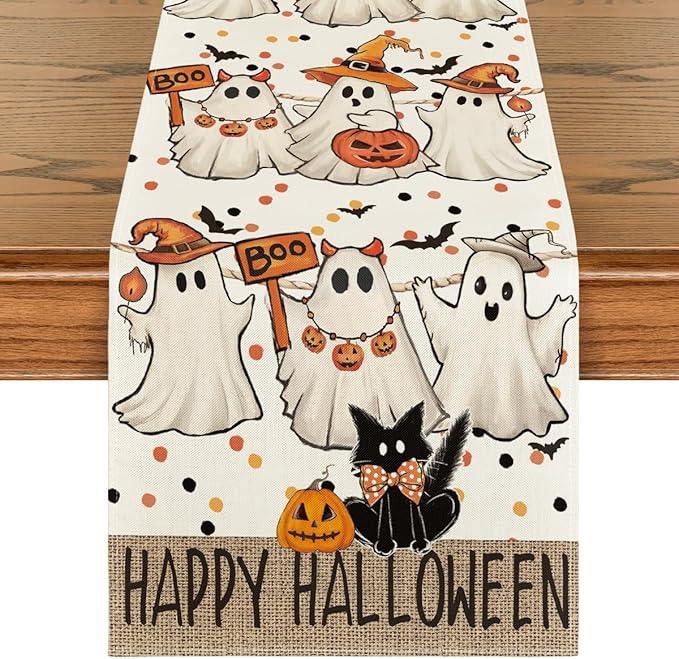 Artoid Mode Beige Ghost Jack-O'-Lantern Black Cat Halloween Table Runner,Holiday Kitchen Dining Table Decoration for Home Party Decor 13 x 90 Inch