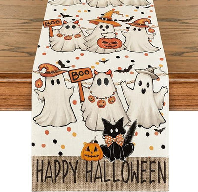 Artoid Mode Beige Ghost Jack-O'-Lantern Black Cat Halloween Table Runner,Holiday Kitchen Dining Table Decoration for Home Party Decor 13 x 72 Inch