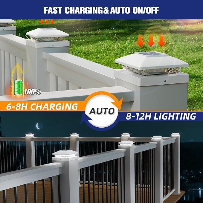 APONUO Solar Post Cap Lights for 4x4 Wood & Vinyl Posts, IP44 Waterproof Cool White LED 4x4 Post Solar Lights, Outdoor Garden Patio Yard Decor, 6 Pack (White)