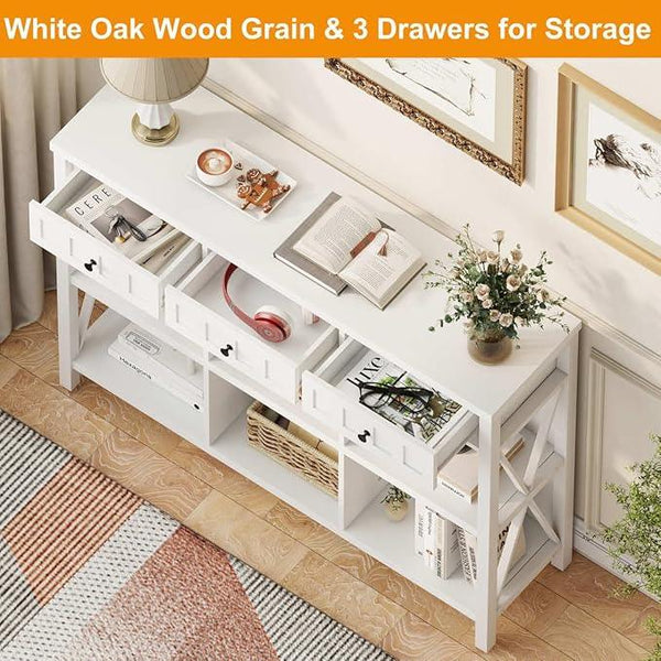 FATORRI 6 Cube Storage Bookshelf with 3 Drawers, Long Horizontal Bookcase, Modern Cubby Organizer Shelf (White Oak, 47 Inch)