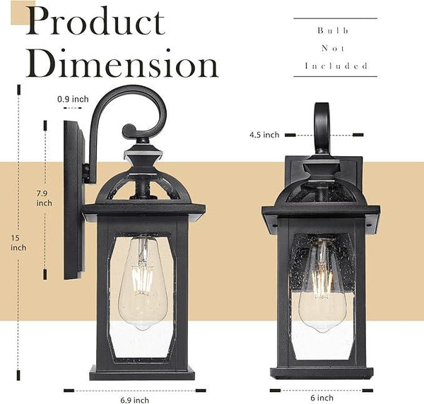 zeyu 2 Pack Outdoor Wall Lantern for Porch, 15 Inch Patio Wall Light Fixture Exterior Lights for House, Die-Cast Aluminum, Black Finish with Seeded Glass, ZD100B-2PK BK