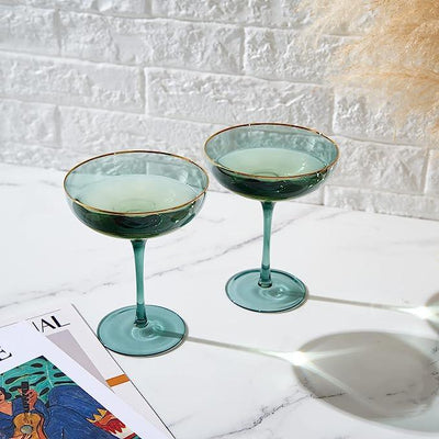 Colored Green & Gilded Rim Wine Glassware, Large 9oz Cocktail & Champagne Glasses 2-Set Vibrant Color Gold Vintage Stemmed Wine Glass, Glassware Gift Idea Perfect for Spring, Mother's Day (Coupe)