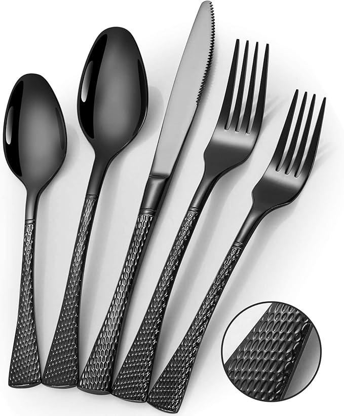 Hammered Black Silverware Set for 8,Stainless Steel 40-Piece Modern Cutlery Set,Mirror Polished Heavy Duty Flatware Set Utensil Set,Knives Spoons and Forks Set,Dishwasher Safe