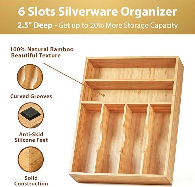 Umilife Kitchen Drawer Organizer, 12 Inch Silverware Utensil Tray Holder, Extra Deep, with Non-Slip Feet & Grooved Drawer Divider, 6 Slots Total Bamboo Wood Caddy for Flatware Cutlery Knives