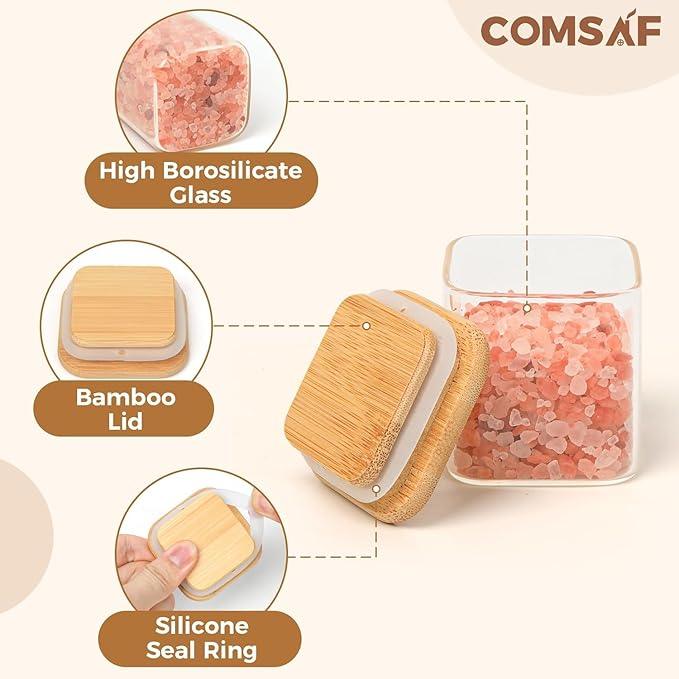 ComSaf Spice Jars with Labels 4 oz 6Pack, Small Spice Containers Starter Set, Glass Seasoning Jars with Lids, Square Seasoning Containers for Salt, Pepper, Chili Powder, Sugar, Ginger Ground, Cumin