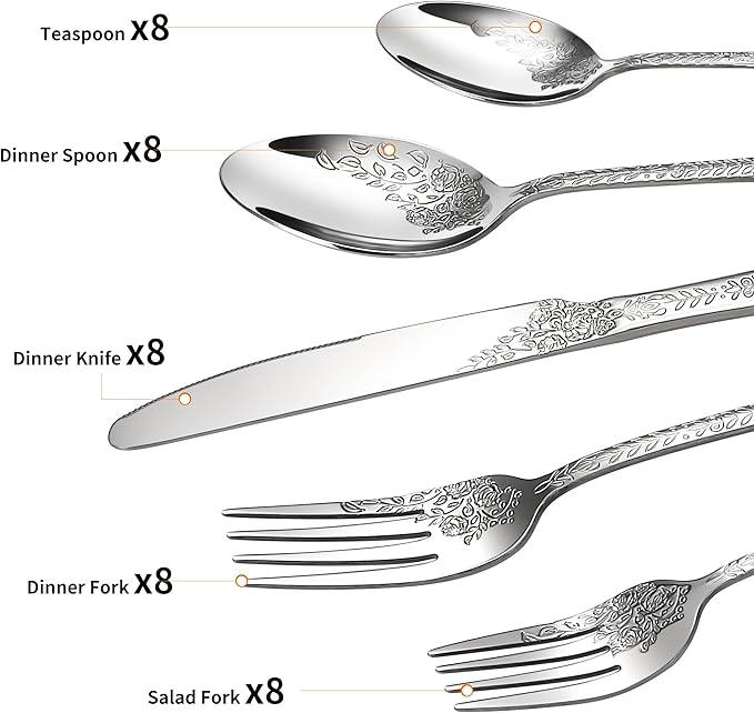 Floral 40 Pcs Silverware Set for 8, Food Grade Stainless Steel Flatware Set with Rose Flower Embossed Design, Eating Utensils Sets Include Fork/Knife/Spoon, Reusable Cutlery Set, Dishwasher Safe