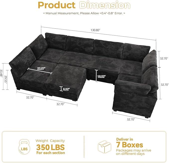 HOOOWOOO Modular Sectional Sofa,7 Pieces Sectional Couches for Living Room,131X66 U Shaped Cloud Couch with Ottoman Chaise Set(Black Velvet Corduroy)