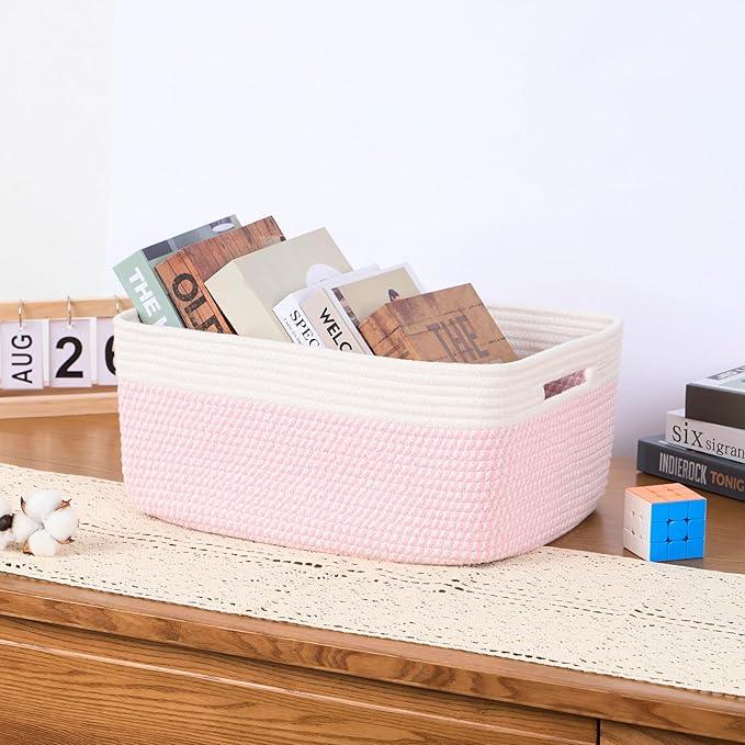 Large Storage Baskets for Organizing, Closet Shelf Baskets for Clothes Blanket Towels, Baby Nursery, Toy Bins Box, Woven Rope Baskets, 17 x 13 x 7.5”, 4 Packs Woven Pink