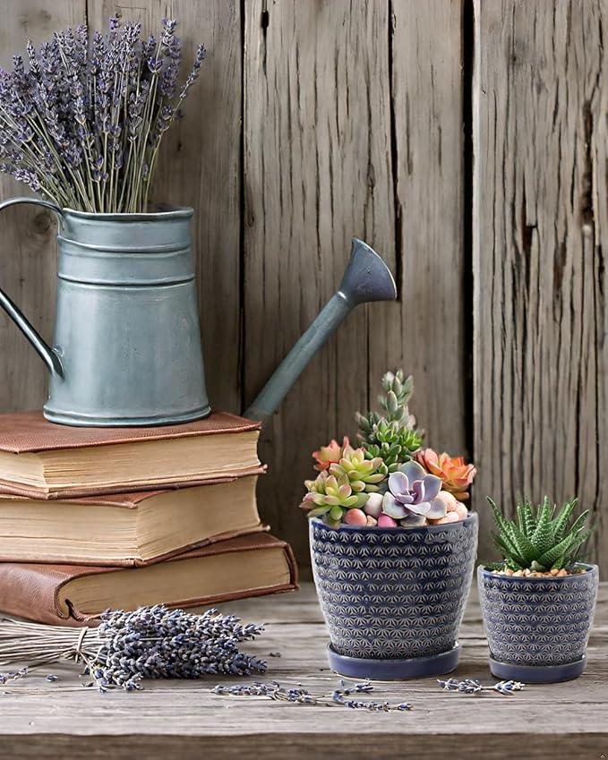 Plant Pots, Flower Pots, Planters for Indoor Plants(6.5+5.5inch), Flower Pots for Indoor Plants with Drainage Hole and Saucer, Ceramic Pots for Plants with Hole Mesh Pad,Reactive Glaze Blue