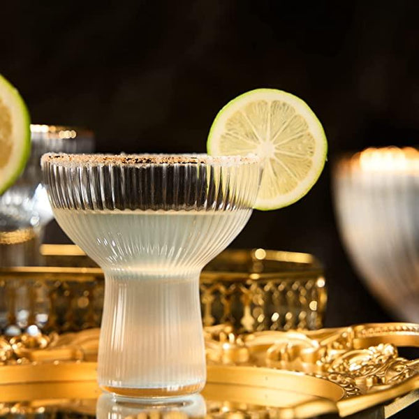 Ribbed Stemless Margarita Glasses with Gold Rim - Set of 4 - Hand Blown Luxury Coupe Cocktail, Martini & Champagne Glasses for Spring & Summer – Large Party, Elegant Ripple Design, Gilded Rim (10 OZ)