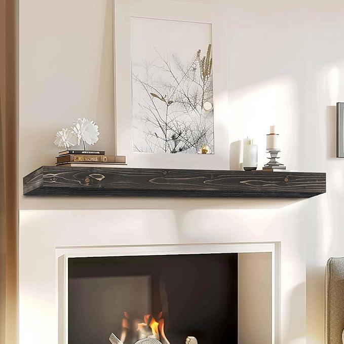 48x8x3 Fireplace Mantel - Handcrafted Hollow Rustic Solid Wood Wall Mounted Floating Shelf with Invisible Heavy Duty Wood Bracket (Weathered Black)