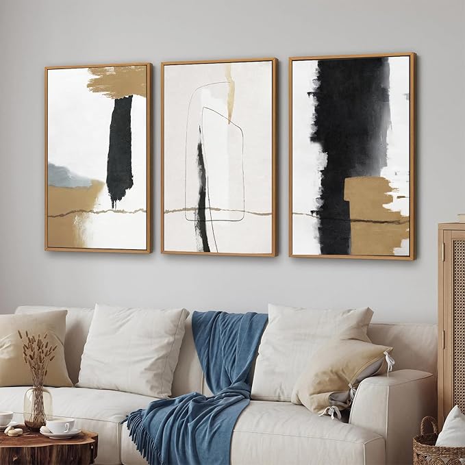 SIGNINART Black and White Abstract Framed Canvas Wall Art Set of 3, Beige Neutral Art Prints, Minimalist Modern Wall Decor for Living Room, Bedroom, Office,Above Couch 16