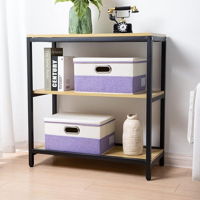 PRANDOM Collapsible Storage Bin with Lid [3-Pack] Fabric Foldable Storage Box Organizer Container Basket Cube with Cover for Home Bedroom Closet Office Nursery Purple&Cream(14.9x9.8x9.8)