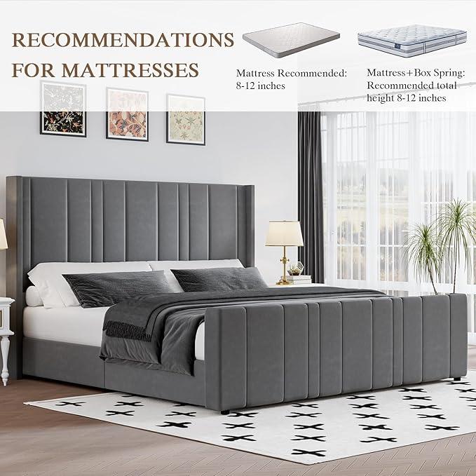 King Size Bed Frame and Headboard, Modern Velvet Upholstered Bed Frame with Vertical Channel Tufted Headboard & Footboard, Soft Bed Frame King, Noise Free, No Box Spring Needed, Easy Assembly, Grey