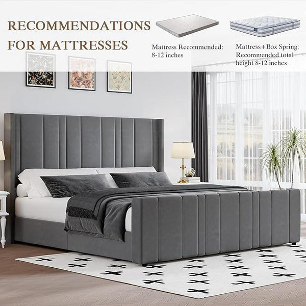 King Size Bed Frame and Headboard, Modern Velvet Upholstered Bed Frame with Vertical Channel Tufted Headboard & Footboard, Soft Bed Frame King, Noise Free, No Box Spring Needed, Easy Assembly, Grey