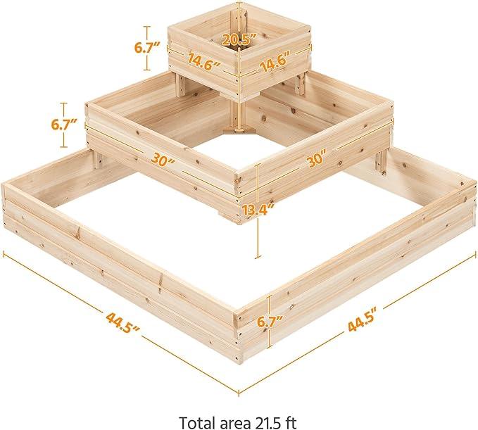 Yaheetech 3 Tier Wooden Raised Garden Bed 44.5'' L×44.5W×20.5×H, Horticulture Open-Bottom Planter Raised Garden Bed for Flowers/Herbs/Vegetables Planter Flower Box