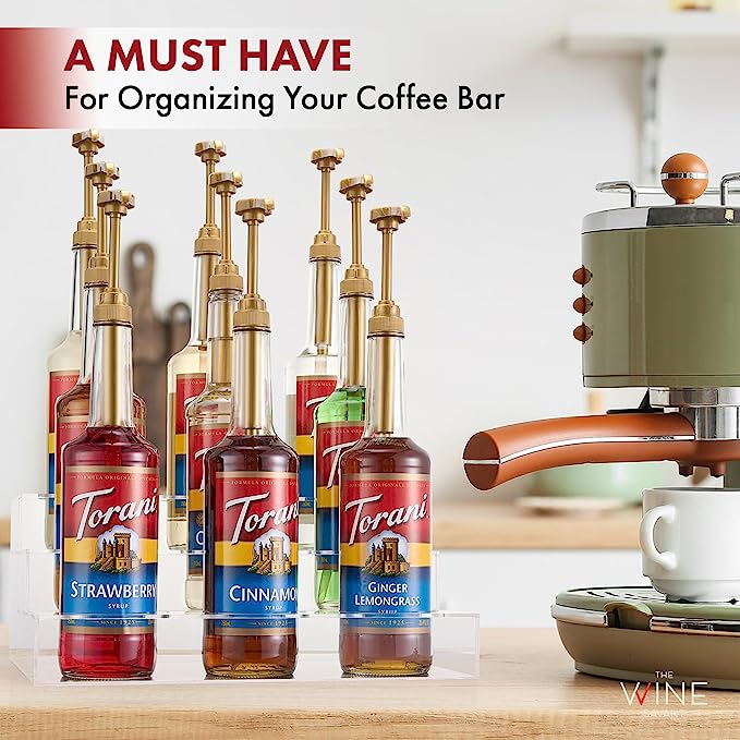 Acrylic Bottle Holder, Coffee Syrup Rack Display Case | 3-Tiered 9 Bottle | Wine Bar Bottle Rack, Clear Shelf Rack for Kitchen, Countertop, Fridge Pantry Storage Organizer - Wine, Soda, Cans, Liquor