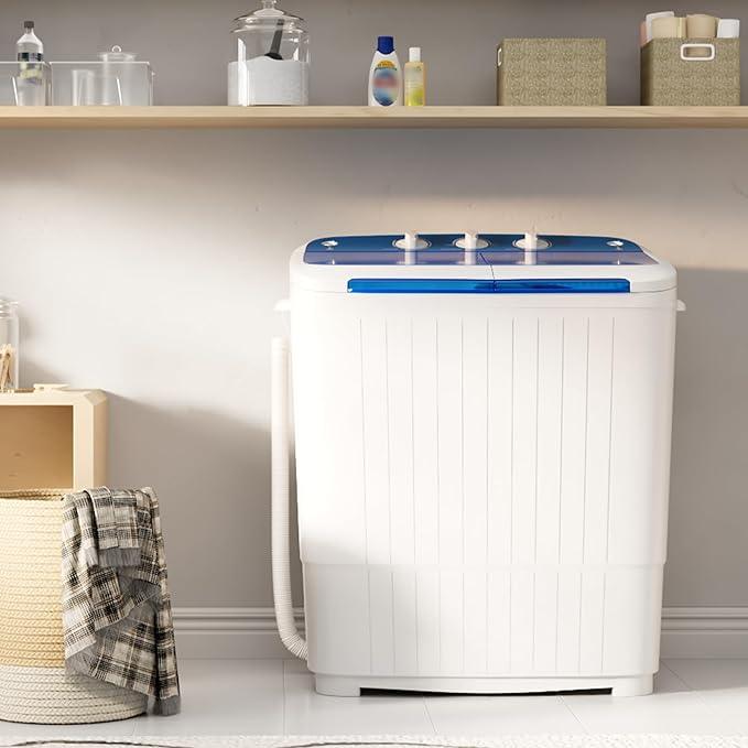 Pataku Portable Washing Machine, Compact Twin Tub Mini Washing Machine, 17.6 LBS Washer and Dryer Combo with Soaking Function, Semi-Automatic for Apartment, Dorms, RVs, Camping (White & Blue)