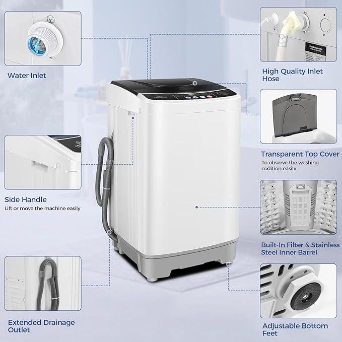 Nictemaw Portable Washing Machine 20Lbs Portable Washer Machine with Drain Pump, 2.8 Cu.ft Compact Washer with 10 Programs 8 Water Levels Small Washing Machine for Apartment, Home, Dorms, Rv