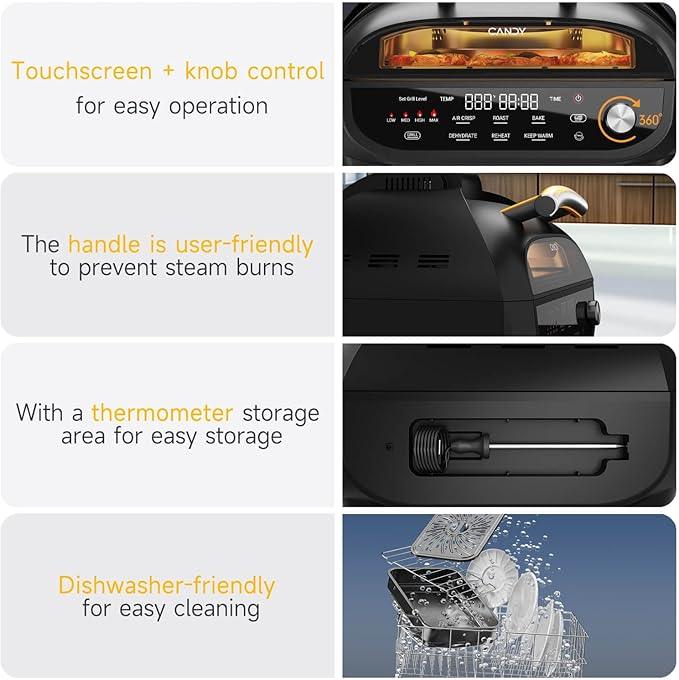 Indoor Grill and Air Fryer Combo with Ceramic Accessories, 7-IN-1 Digital Display, 5.2 QT Electric Smokeless, 500°F Max, Large View Window, Roast, Bake & Dehydrate, Adjustable Temps, Easy Clean