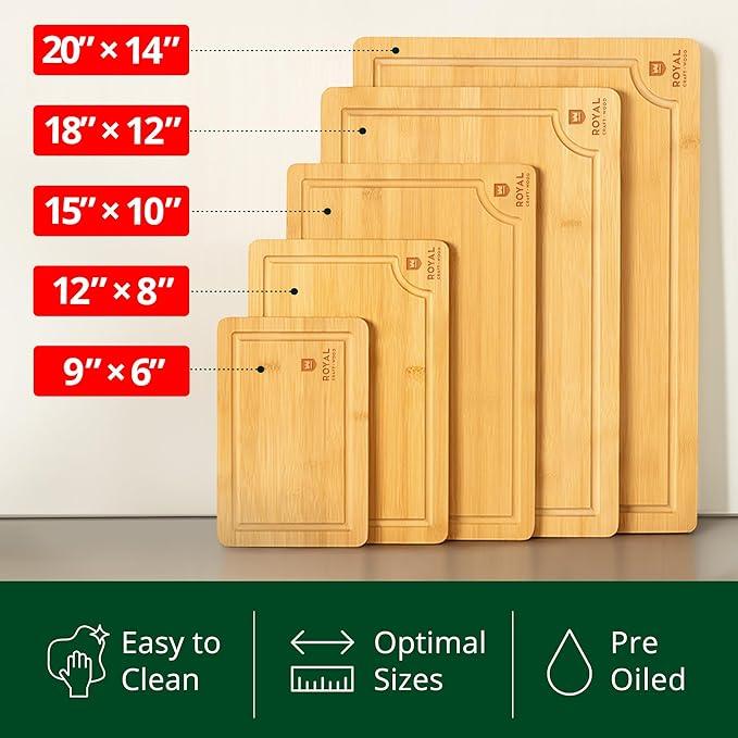 ROYAL CRAFT WOOD Wooden Serving Boards for Kitchen Meal Prep&Bamboo Wood Cutting Board Set with Deep Juice Groove Side Handles-Charcuterie & Chopping Butcher Block for Meat-Kitchen Gadgets Gift (5Pcs)