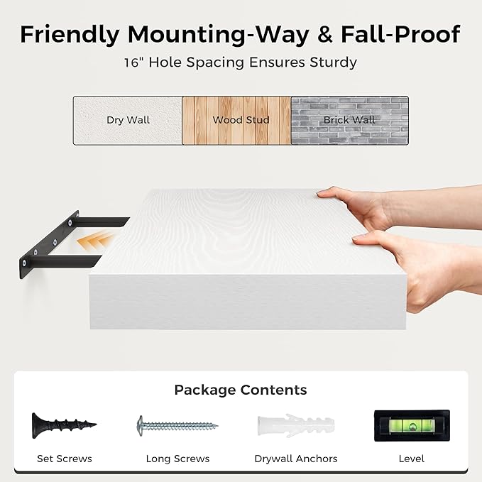 12 Inch Deep White Floating Shelves, 24 x 12 Floating Shelf for Books, Rustic Wood Deep Wall Shelves for Home Storage & Display, 2