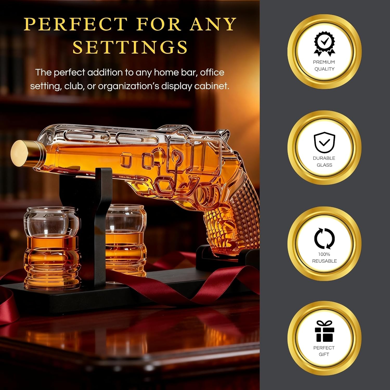 Whiskey Decanter Set 7.7 Oz with Two 1.6 Oz Shot Glasses | Pistol Gun Unique Birthday Gift Ideas For Son, Gifts for Men Dad, Home Bar Gifts, Drinking Accessories Funny Military Present Cool Dispenser